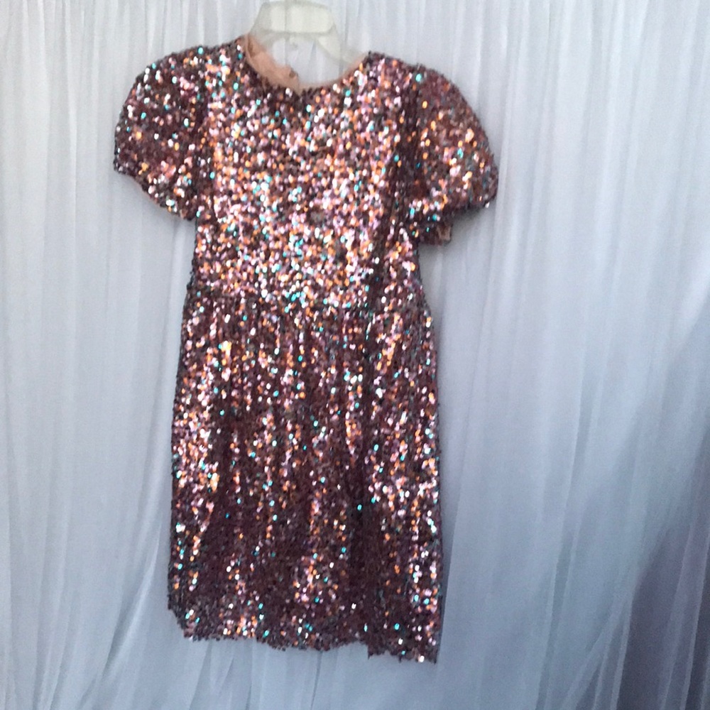 Pink sequin dress. Back button closure.